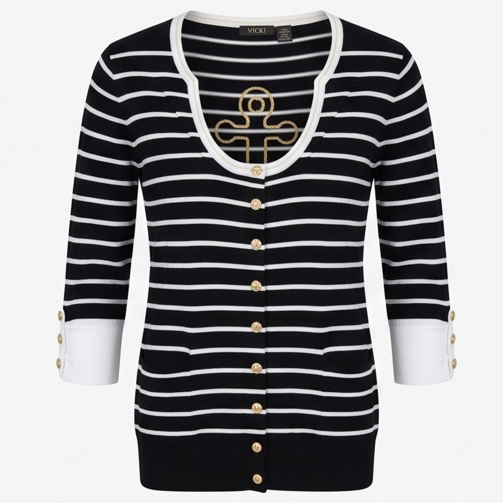 YUKA XL Nautical Striped Cardigan Black White Anchor Patch Gold Buttons 10PE077